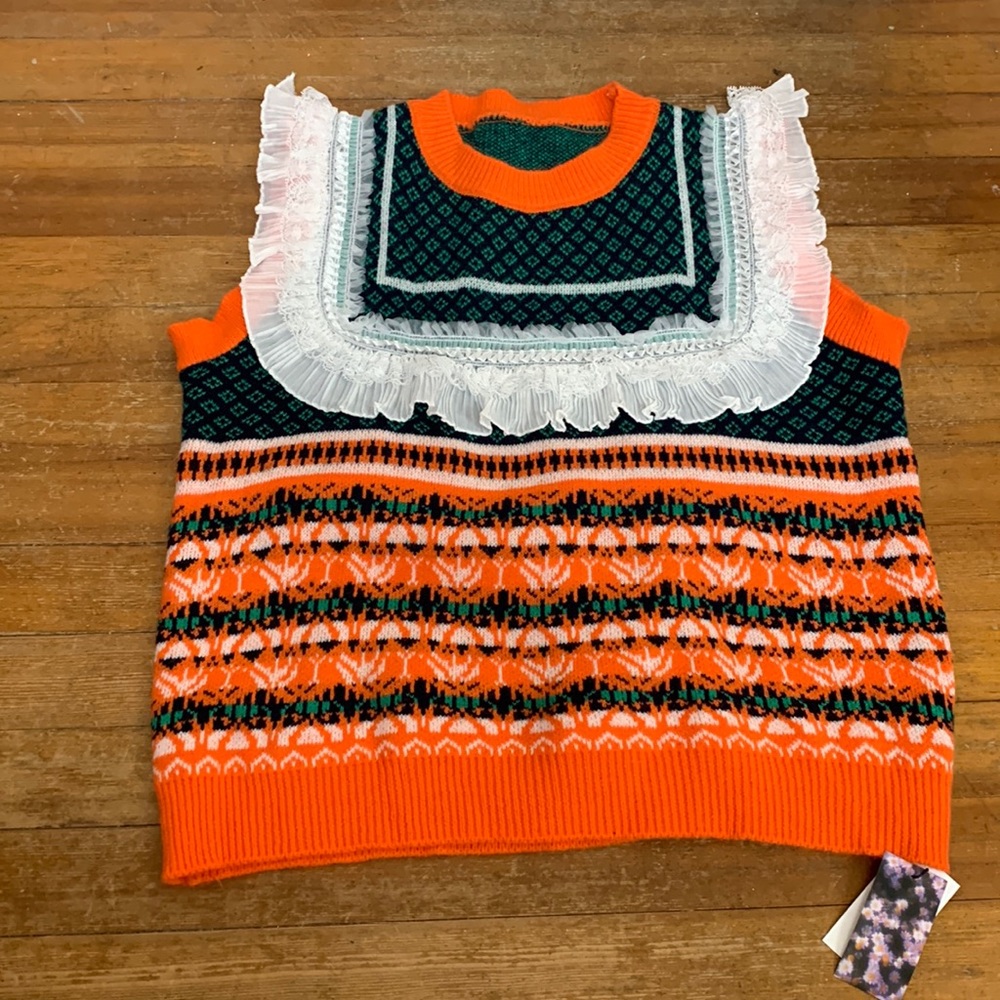 Sweater vest lace knit winter orange green ruffle soft bright